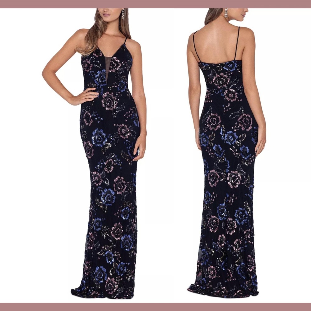 NWT $330 Betsy & Adam [ 10 ] Mesh V Neck Floral Sequin Gown in‎ Black #G1227